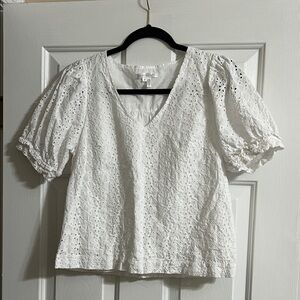 Draper James White Short Sleeve Eyelet Floral Ruffle V Neck Blouse Size Small